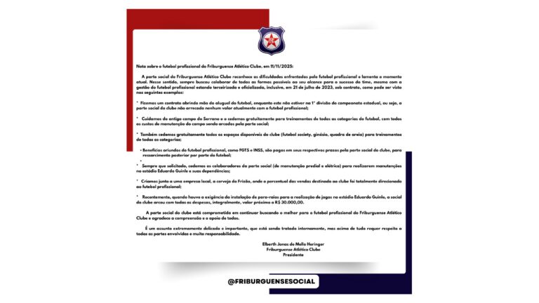 Friburguense Social publica carta sobre apoio ao futebol profissional